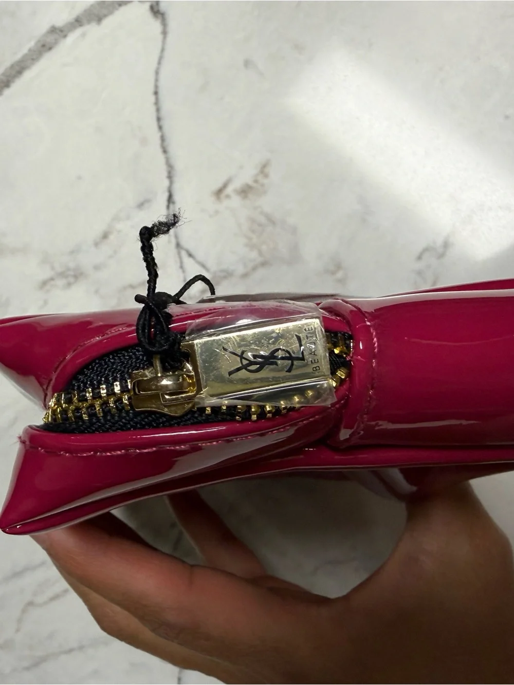 Yves Saint Laurent Patent Hot Pink Cosmetic Pouch with Gold Plaque